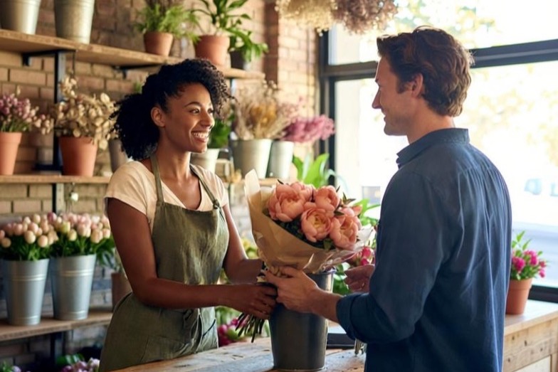 A florist helping a happy customer in her flower shop